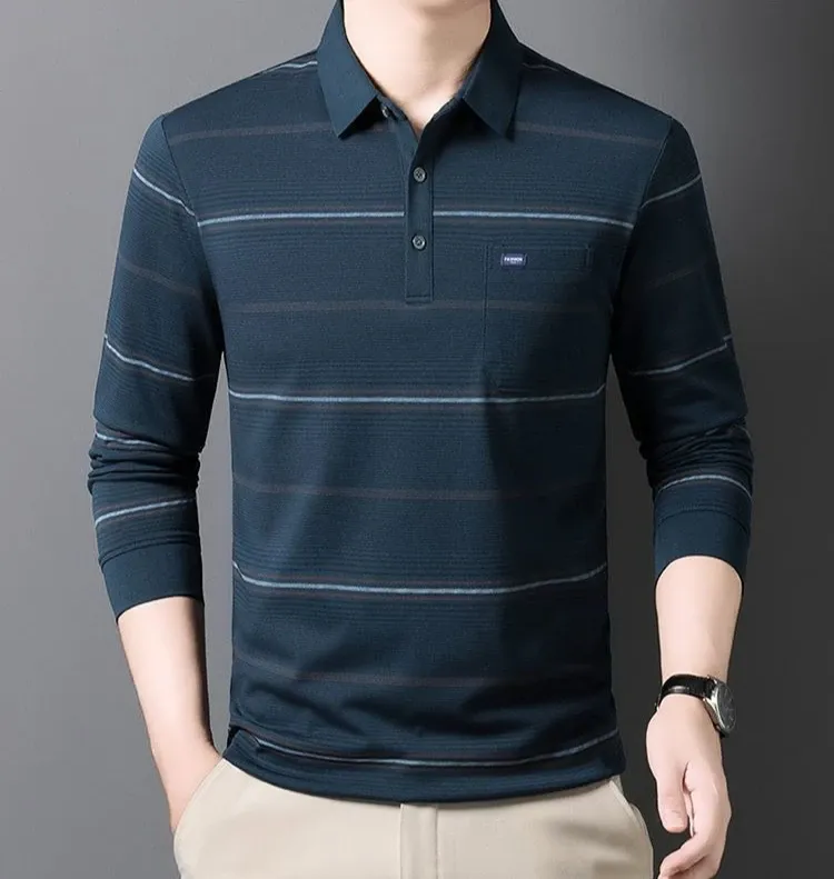 Men's Striped Polo T-Shirt Business Casual Vintage Style Elegant Pullover Sweatshirt for Formal & Everyday Wear showcase 14