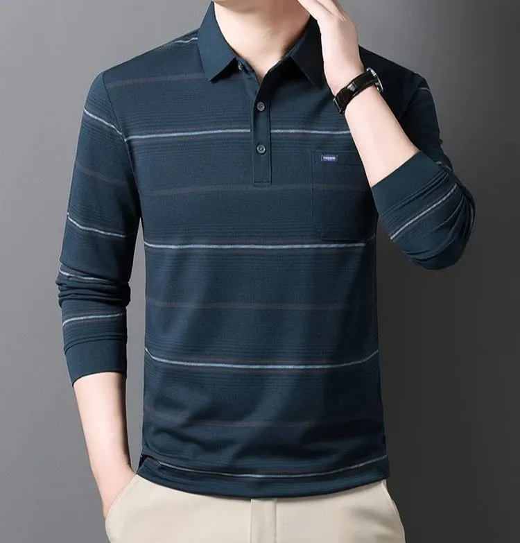 Men's Striped Polo T-Shirt Business Casual Vintage Style Elegant Pullover Sweatshirt for Formal & Everyday Wear showcase 15