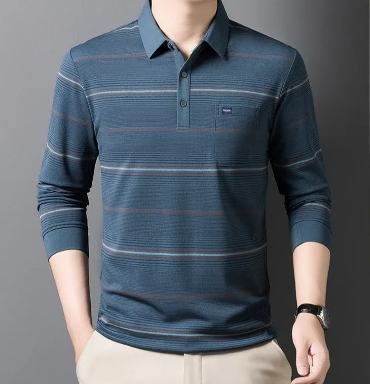 Men's Striped Polo T-Shirt Business Casual Vintage Style Elegant Pullover Sweatshirt for Formal & Everyday Wear showcase 5