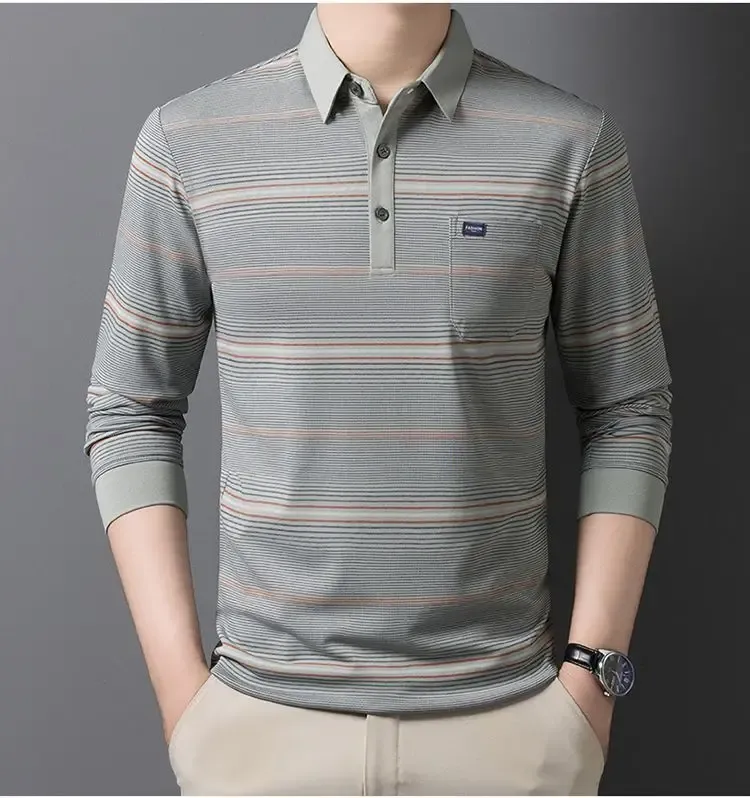 Men's Striped Polo T-Shirt Business Casual Vintage Style Elegant Pullover Sweatshirt for Formal & Everyday Wear showcase 10