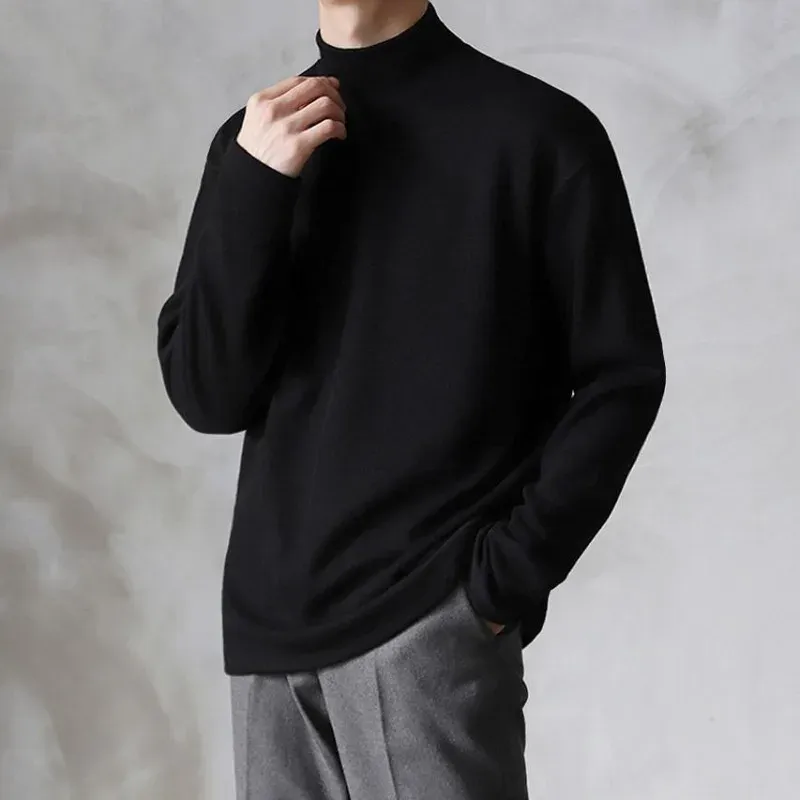 Men's Long Sleeve Half High Collar T-Shirt - Plain Unicolor Bulk Original Fit Tee for Spring