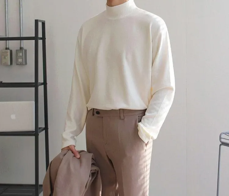 Men's Long Sleeve Half High Collar T-Shirt - Plain Unicolor Bulk Original Fit Tee for Spring showcase 5