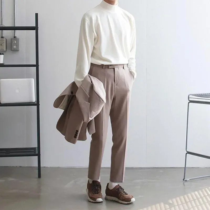 Men's Long Sleeve Half High Collar T-Shirt - Plain Unicolor Bulk Original Fit Tee for Spring showcase 6