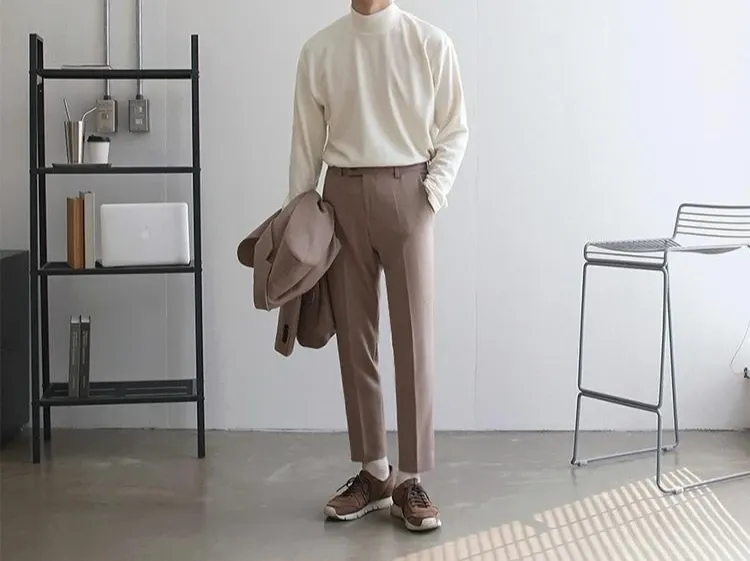 Men's Long Sleeve Half High Collar T-Shirt - Plain Unicolor Bulk Original Fit Tee for Spring showcase 3