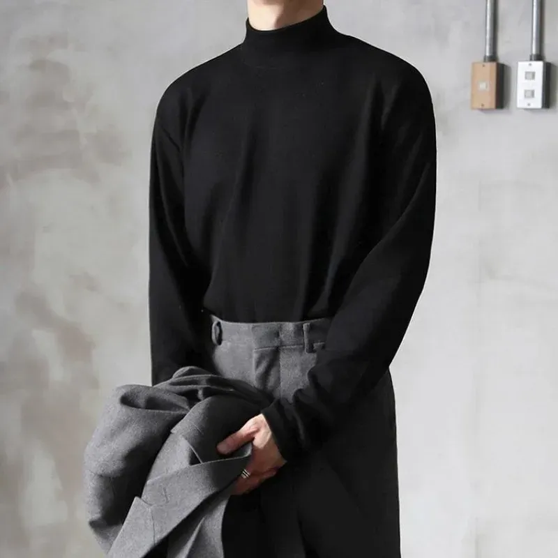 Men's Long Sleeve Half High Collar T-Shirt - Plain Unicolor Bulk Original Fit Tee for Spring showcase 12