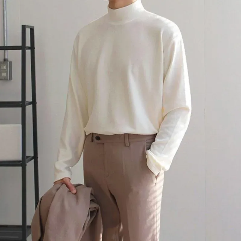 Men's Long Sleeve Half High Collar T-Shirt - Plain Unicolor Bulk Original Fit Tee for Spring thumbnail 2