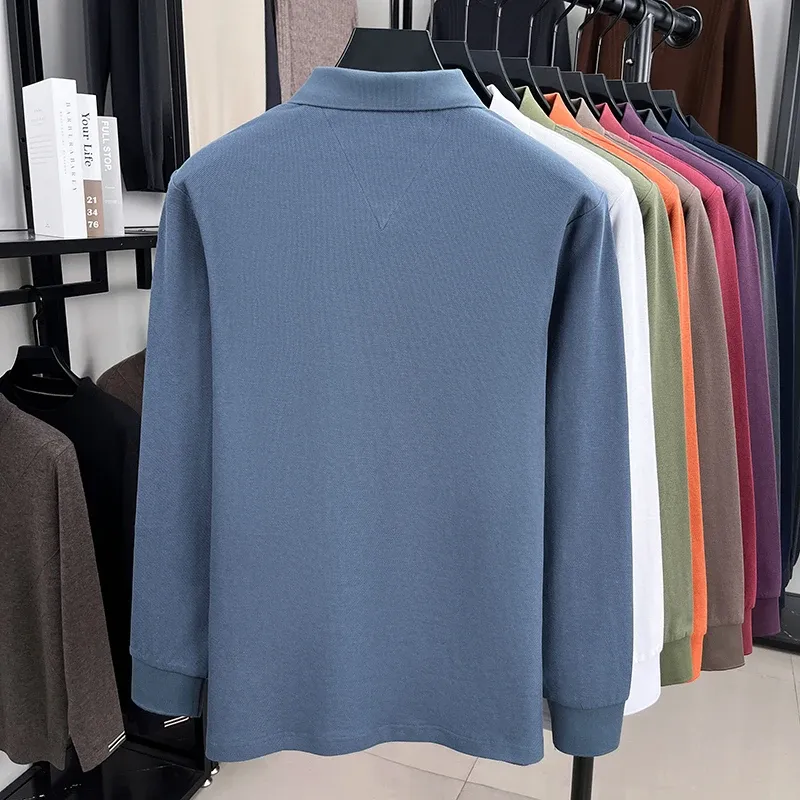 Men's 100% Pure Cotton Long Sleeve Polo Shirt - Autumn/Winter Fashion Business Casual T-Shirt with Embroidered Pony Logo thumbnail 3