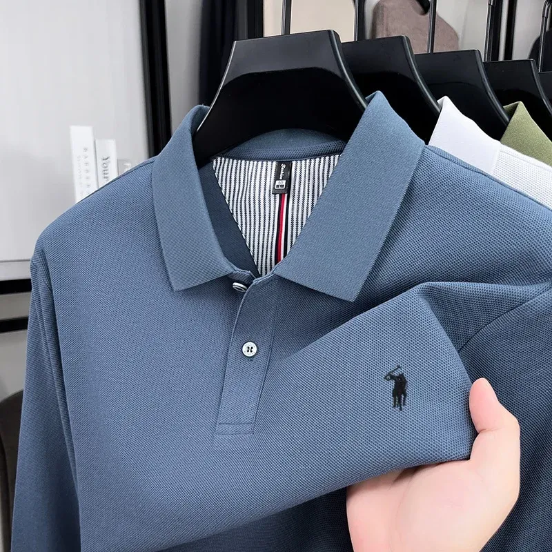 Men's 100% Pure Cotton Long Sleeve Polo Shirt - Autumn/Winter Fashion Business Casual T-Shirt with Embroidered Pony Logo showcase 7