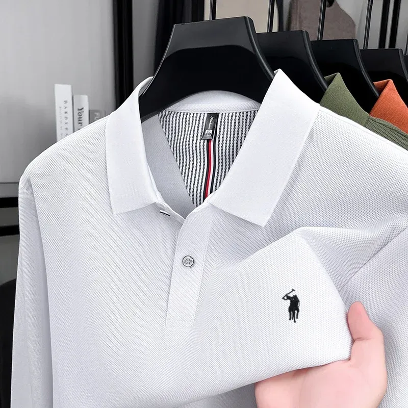 Men's 100% Pure Cotton Long Sleeve Polo Shirt - Autumn/Winter Fashion Business Casual T-Shirt with Embroidered Pony Logo thumbnail 6