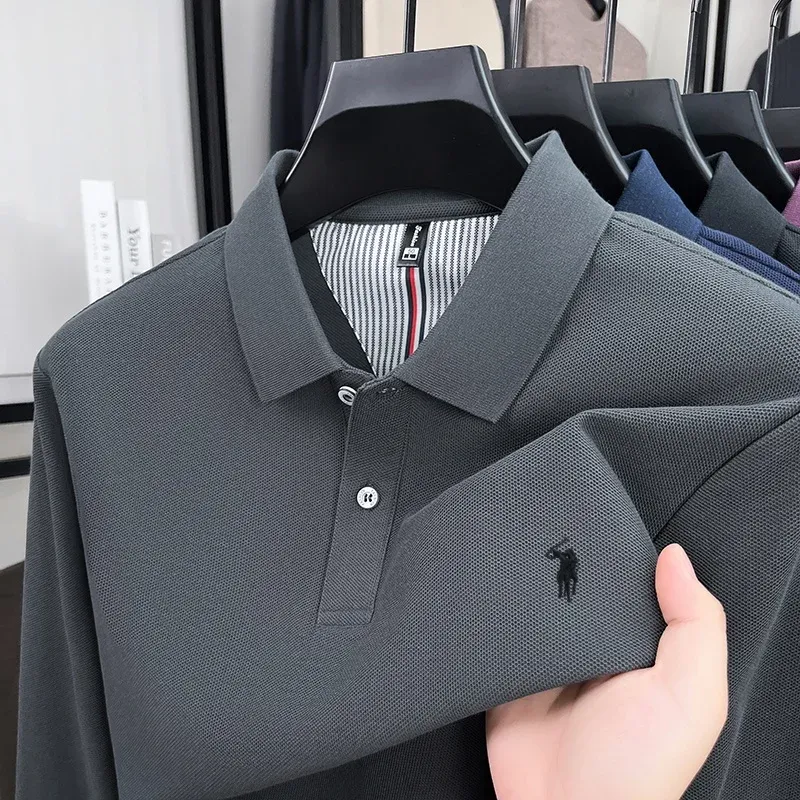 Men's 100% Pure Cotton Long Sleeve Polo Shirt - Autumn/Winter Fashion Business Casual T-Shirt with Embroidered Pony Logo showcase 14