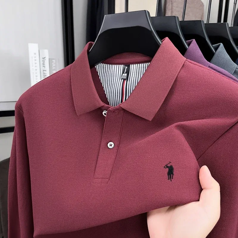 Men's 100% Pure Cotton Long Sleeve Polo Shirt - Autumn/Winter Fashion Business Casual T-Shirt with Embroidered Pony Logo showcase 24