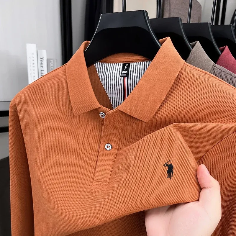 Men's 100% Pure Cotton Long Sleeve Polo Shirt - Autumn/Winter Fashion Business Casual T-Shirt with Embroidered Pony Logo showcase 12
