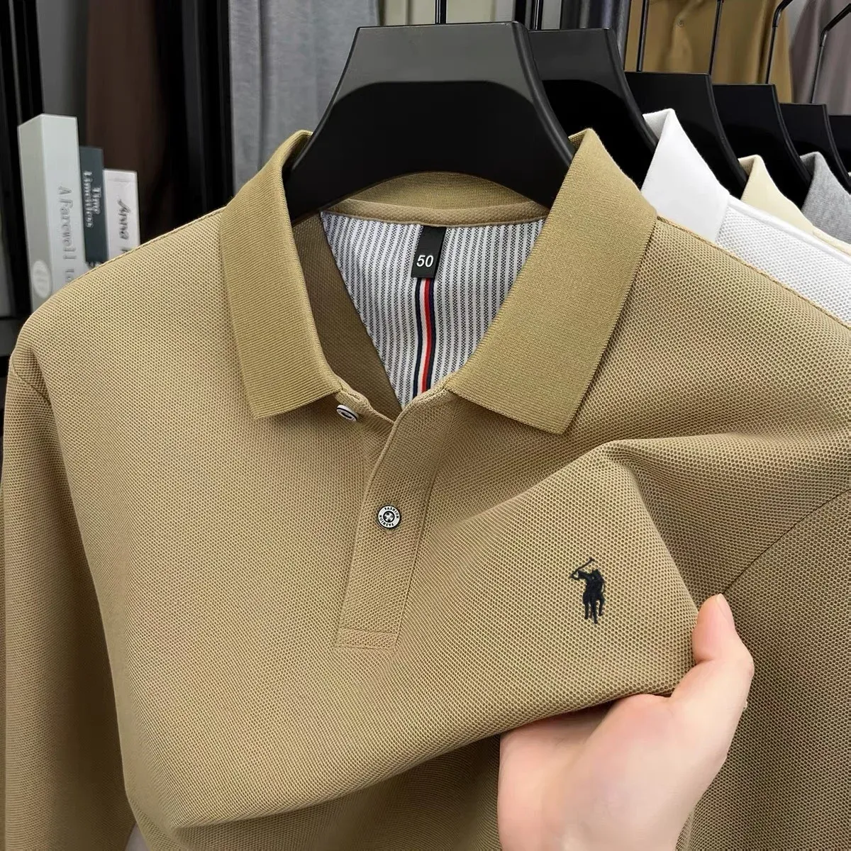 Men's 100% Pure Cotton Long Sleeve Polo Shirt - Autumn/Winter Fashion Business Casual T-Shirt with Embroidered Pony Logo showcase 26