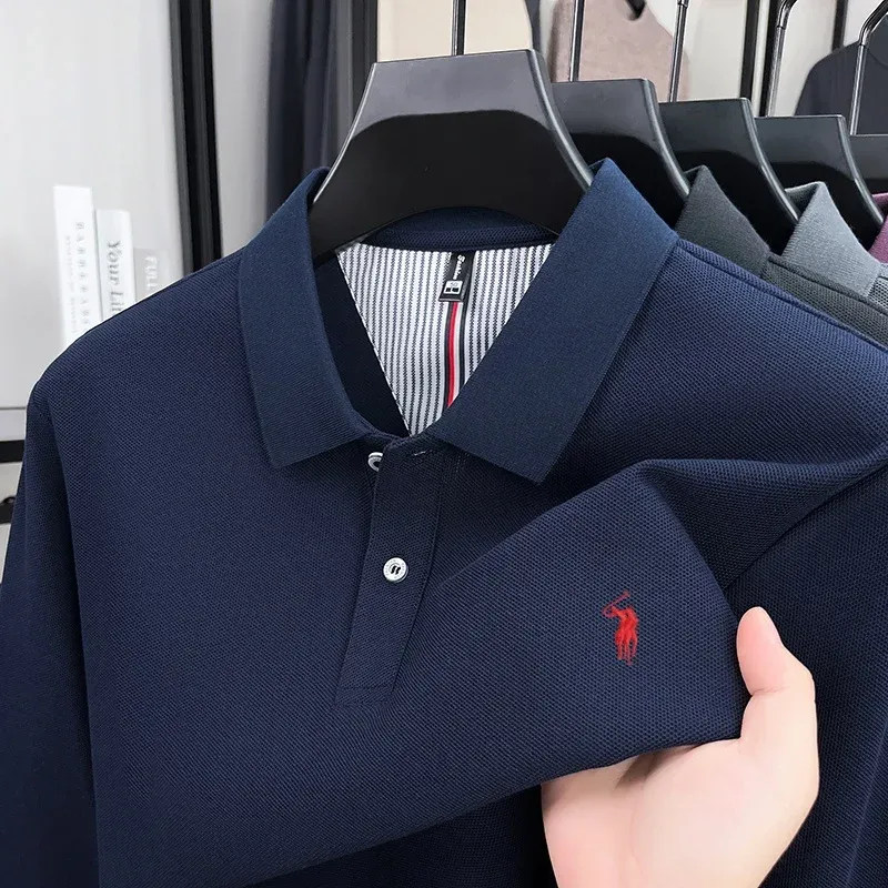 Men's 100% Pure Cotton Long Sleeve Polo Shirt - Autumn/Winter Fashion Business Casual T-Shirt with Embroidered Pony Logo