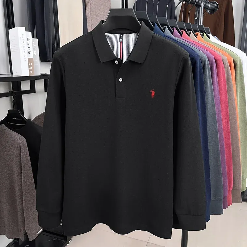 Men's 100% Pure Cotton Long Sleeve Polo Shirt - Autumn/Winter Fashion Business Casual T-Shirt with Embroidered Pony Logo showcase 23