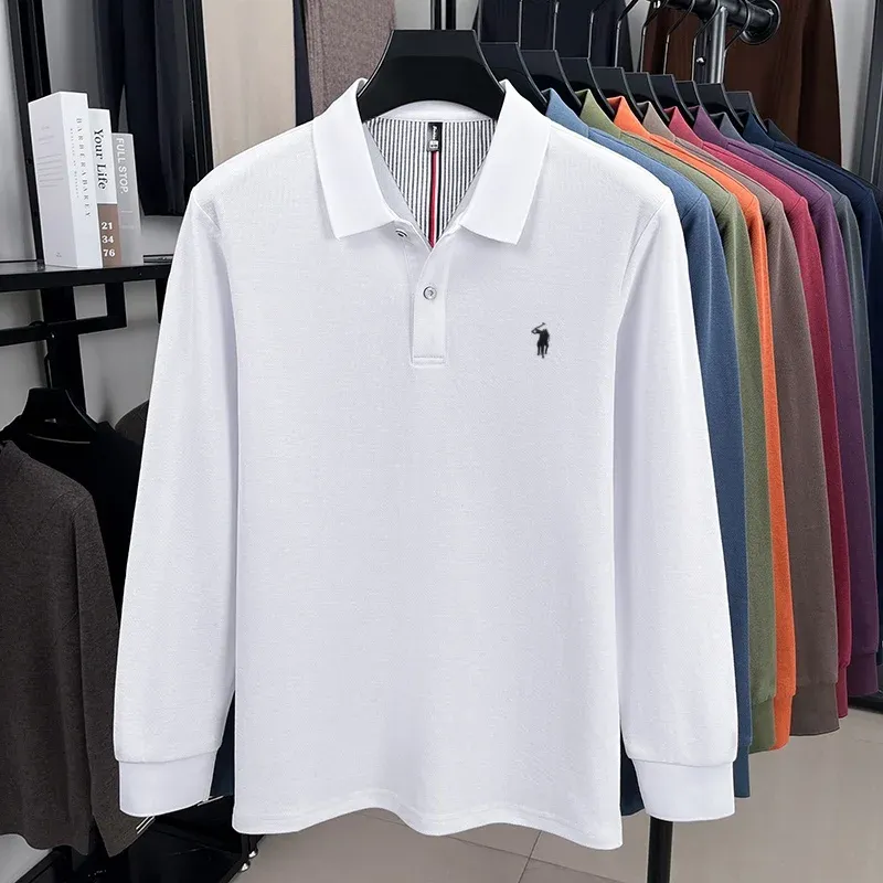Men's 100% Pure Cotton Long Sleeve Polo Shirt - Autumn/Winter Fashion Business Casual T-Shirt with Embroidered Pony Logo showcase 21