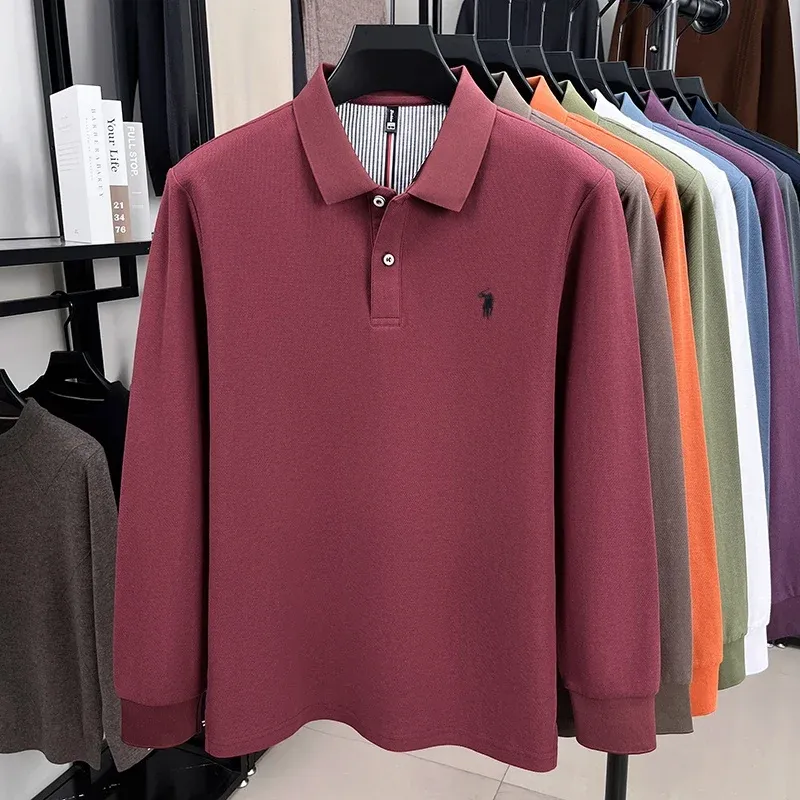 Men's 100% Pure Cotton Long Sleeve Polo Shirt - Autumn/Winter Fashion Business Casual T-Shirt with Embroidered Pony Logo showcase 25