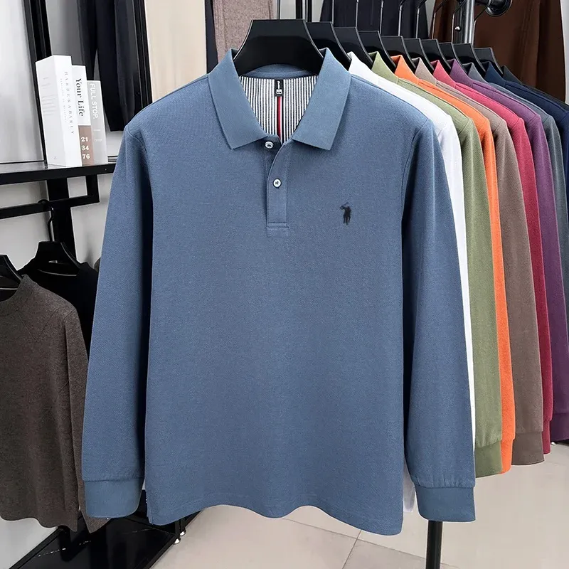Men's 100% Pure Cotton Long Sleeve Polo Shirt - Autumn/Winter Fashion Business Casual T-Shirt with Embroidered Pony Logo showcase 8