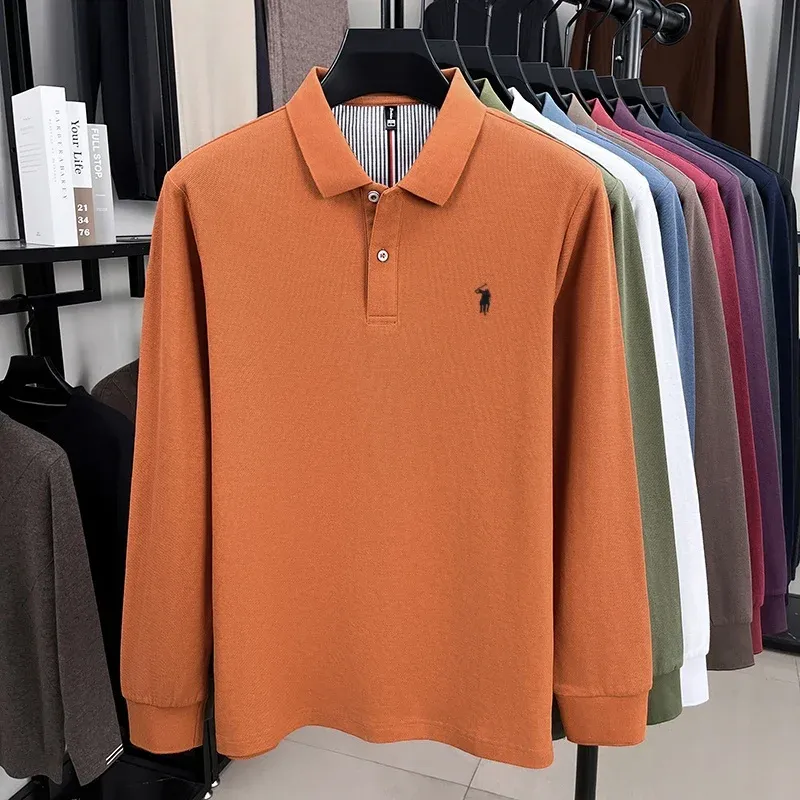Men's 100% Pure Cotton Long Sleeve Polo Shirt - Autumn/Winter Fashion Business Casual T-Shirt with Embroidered Pony Logo showcase 13