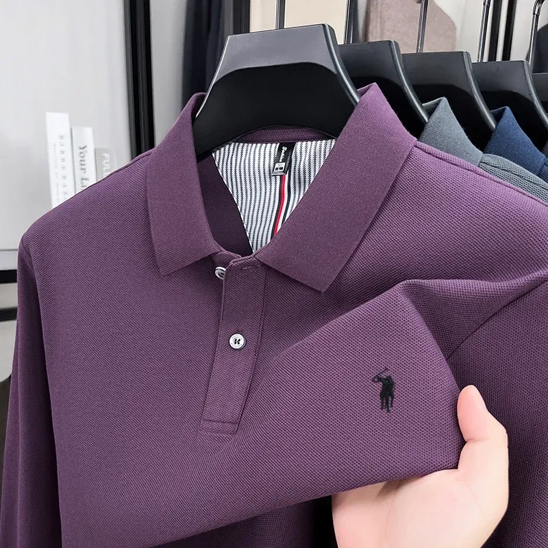 Men's 100% Pure Cotton Long Sleeve Polo Shirt - Autumn/Winter Fashion Business Casual T-Shirt with Embroidered Pony Logo showcase 16