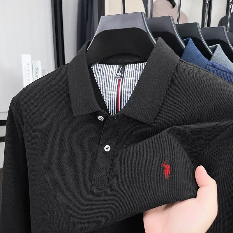 Men's 100% Pure Cotton Long Sleeve Polo Shirt - Autumn/Winter Fashion Business Casual T-Shirt with Embroidered Pony Logo showcase 22