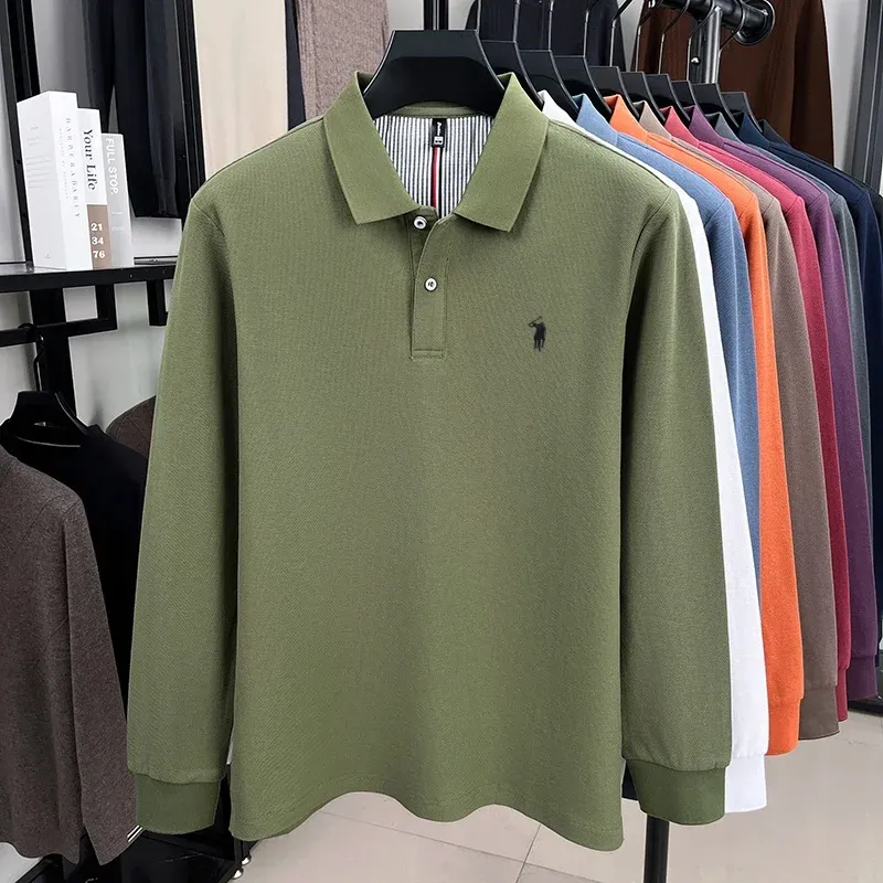 Men's 100% Pure Cotton Long Sleeve Polo Shirt - Autumn/Winter Fashion Business Casual T-Shirt with Embroidered Pony Logo showcase 11
