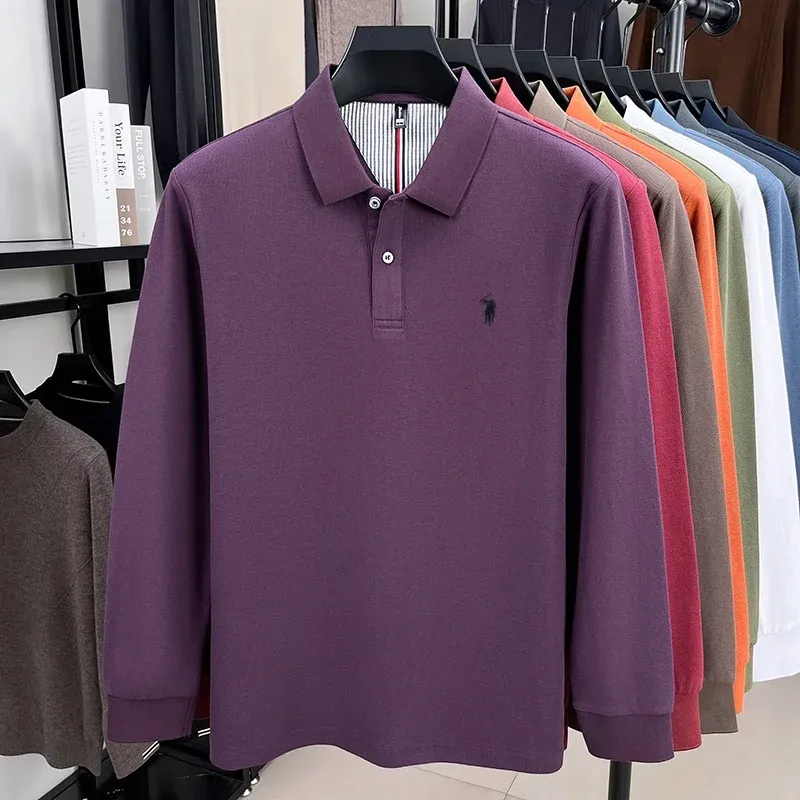 Men's 100% Pure Cotton Long Sleeve Polo Shirt - Autumn/Winter Fashion Business Casual T-Shirt with Embroidered Pony Logo showcase 17