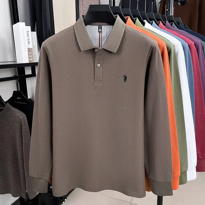 Men's 100% Pure Cotton Long Sleeve Polo Shirt - Autumn/Winter Fashion Business Casual T-Shirt with Embroidered Pony Logo showcase 19