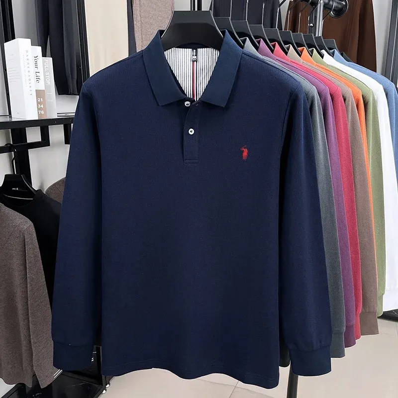 Men's 100% Pure Cotton Long Sleeve Polo Shirt - Autumn/Winter Fashion Business Casual T-Shirt with Embroidered Pony Logo thumbnail 2