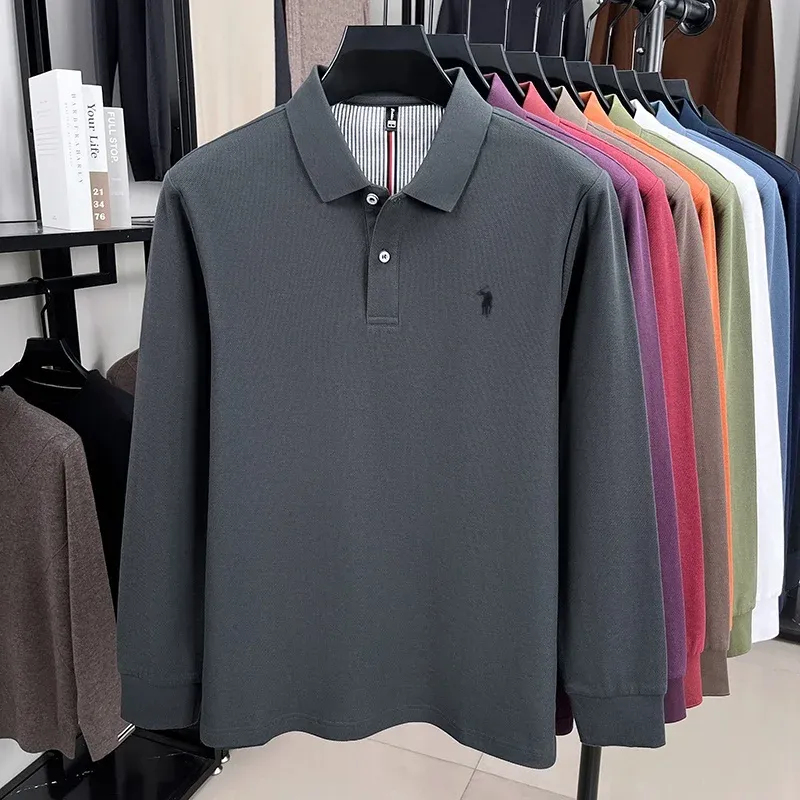 Men's 100% Pure Cotton Long Sleeve Polo Shirt - Autumn/Winter Fashion Business Casual T-Shirt with Embroidered Pony Logo showcase 15