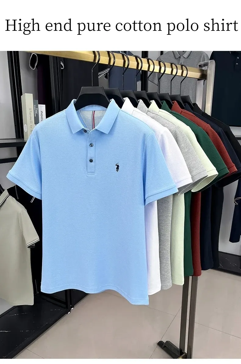 100% Pure Cotton Men's Short Sleeve Polo Shirt - Summer Fashion Casual Business Golf Top with Premium Pony Embroidery showcase 2