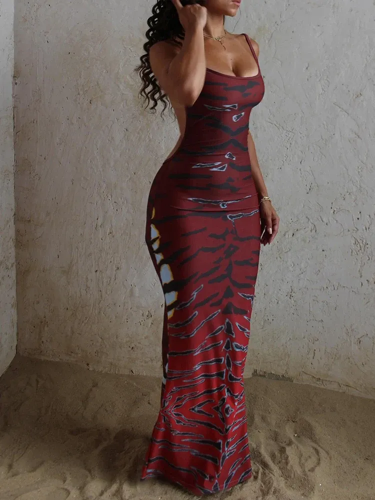 Women's Tiger Stripe Print Backless Maxi Dress - Sleeveless Sexy Skinny Clubwear Stretch Tight Beach Vacation Slim Vestidos showcase 5