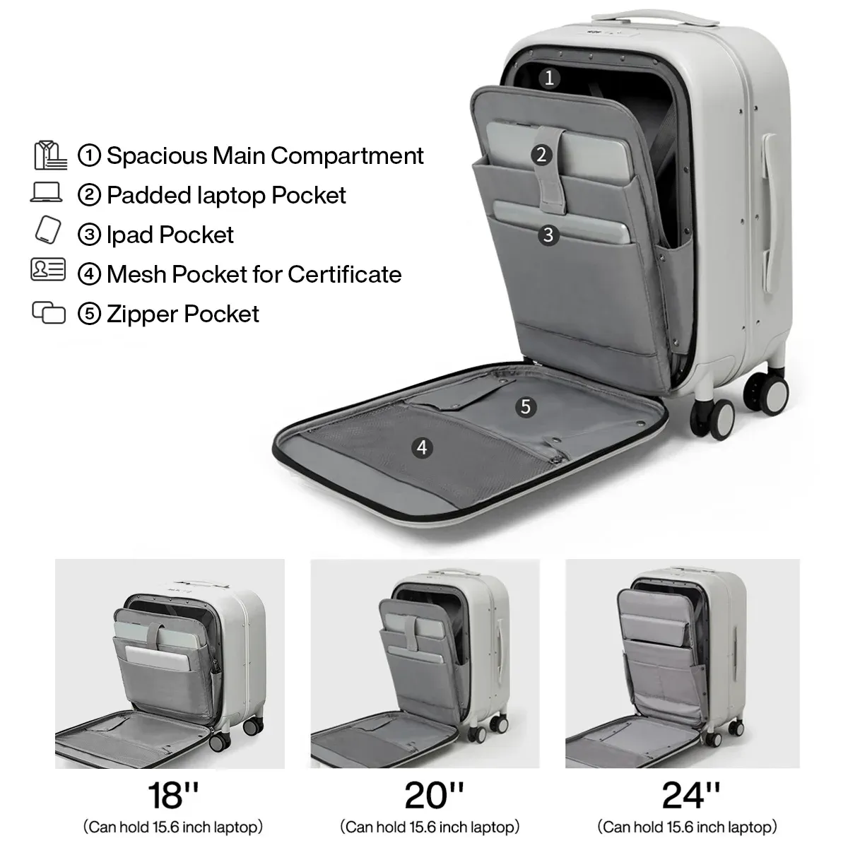 Mixi Patent Design Aluminum Frame Carry-On Luggage - 18" 20" 24" Rolling Suitcase with TSA Lock, Rock-Proof Laptop Compartment, 8 Spinner Wheels, and 3-Year Warranty thumbnail 5