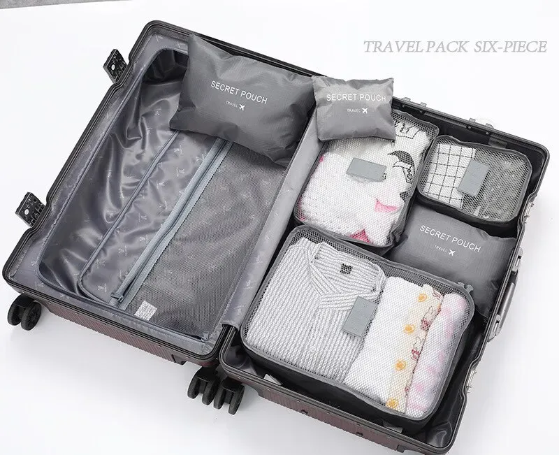 6-Piece Travel Clothes Storage Bag Set - Portable Luggage Organizer Cubes for Suitcase, Shoes, Toiletries, and Makeup - Durable Polyester, Breathable Design showcase 6