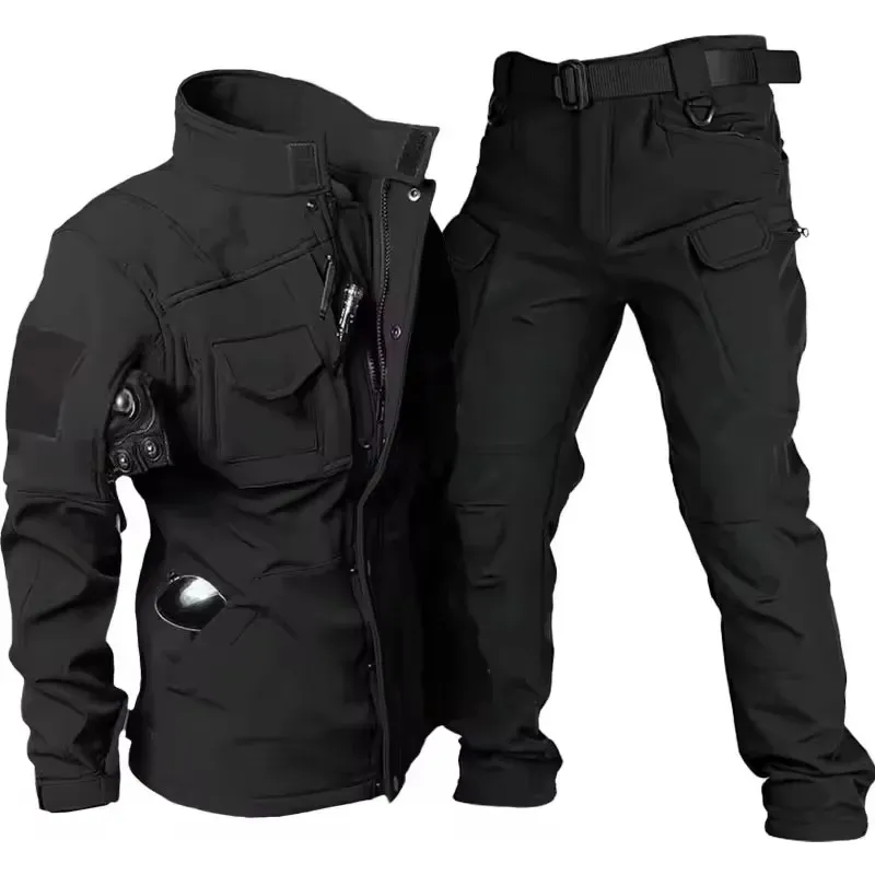 Waterproof Shark Skin Tactical Jacket & Cargo Pants Set for Men - Thicken Fleece Lined, Windproof, Soft Shell Combat Gear for Outdoor Activities thumbnail 4