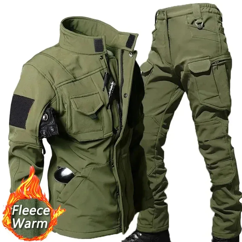Waterproof Shark Skin Tactical Jacket & Cargo Pants Set for Men - Thicken Fleece Lined, Windproof, Soft Shell Combat Gear for Outdoor Activities showcase 4