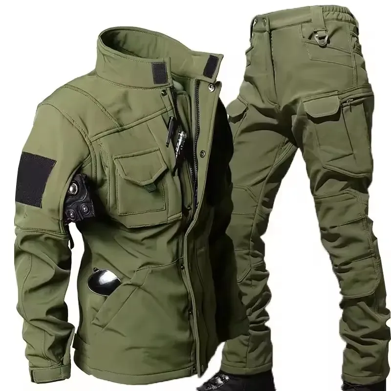 Waterproof Shark Skin Tactical Jacket & Cargo Pants Set for Men - Thicken Fleece Lined, Windproof, Soft Shell Combat Gear for Outdoor Activities