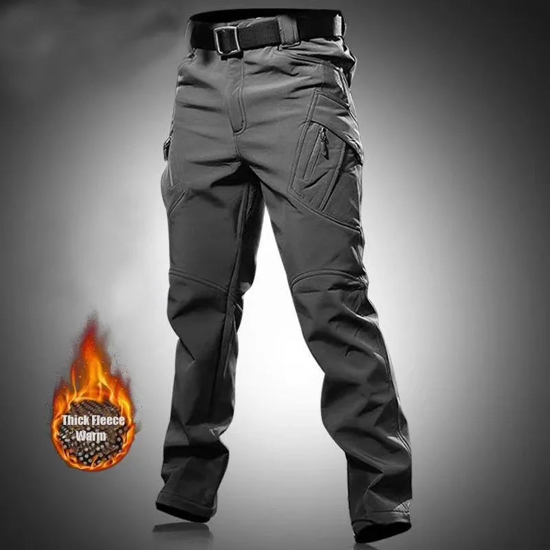 Men's Fleece Lined Softshell Cargo Pants - Warm, Waterproof Hiking, Fishing, Camping Trousers for Autumn/Winter Adventures