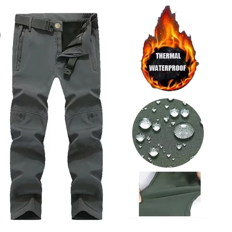 Men's Fleece Lined Softshell Cargo Pants - Warm, Waterproof Hiking, Fishing, Camping Trousers for Autumn/Winter Adventures showcase 36