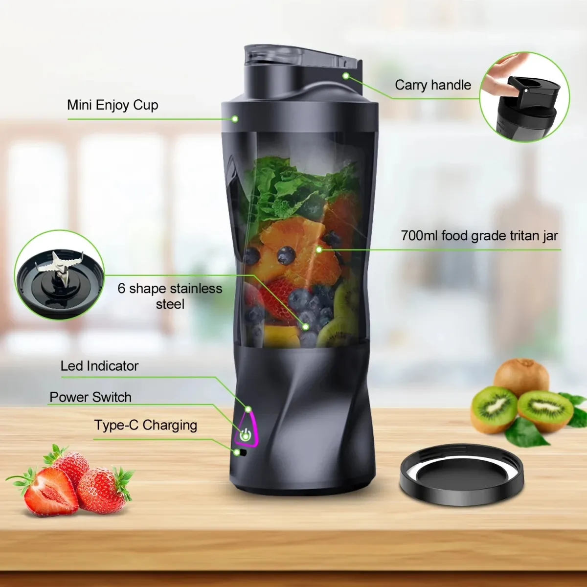 Portable Electric Juicer Blender 700ML USB Rechargeable Smoothie Maker with 360W Motor, Anti-Jamming Blades, and Leak-Proof Travel Lid for Outdoor & Home Use showcase 3