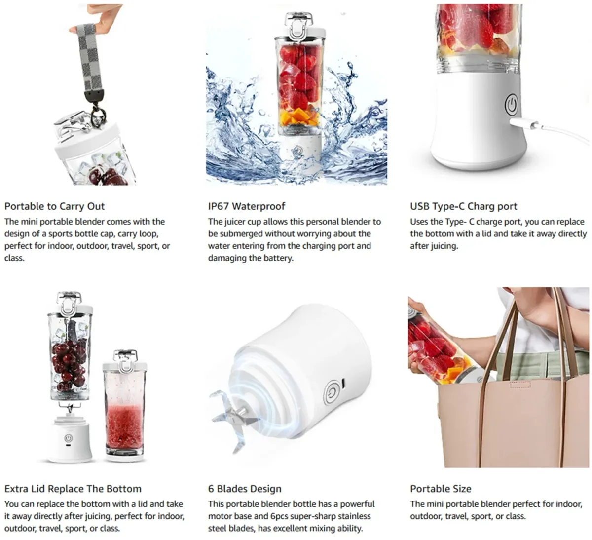 Portable Electric Blender 600ML with 6-Blade Design, USB Rechargeable 4000mAh Battery for Smoothies, Juices, Shakes - Perfect for Travel, Sports, and Kitchen Use showcase 4
