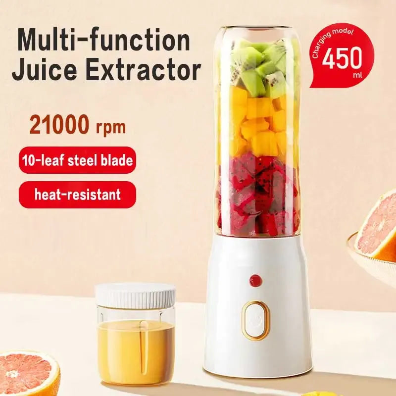 Portable Cordless Blender Juicer - 450ml Electric Fruit Juicer with USB Rechargeable Battery, 10-Blade System for Smoothies & Crushed Ice, Perfect for On-the-Go