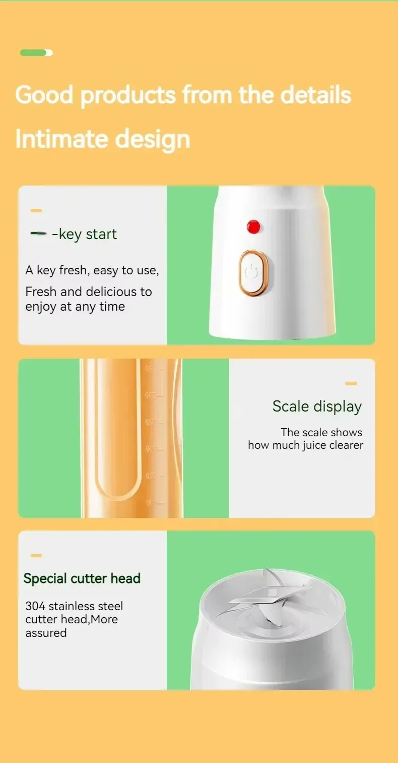 Portable Cordless Blender Juicer - 450ml Electric Fruit Juicer with USB Rechargeable Battery, 10-Blade System for Smoothies & Crushed Ice, Perfect for On-the-Go showcase 18