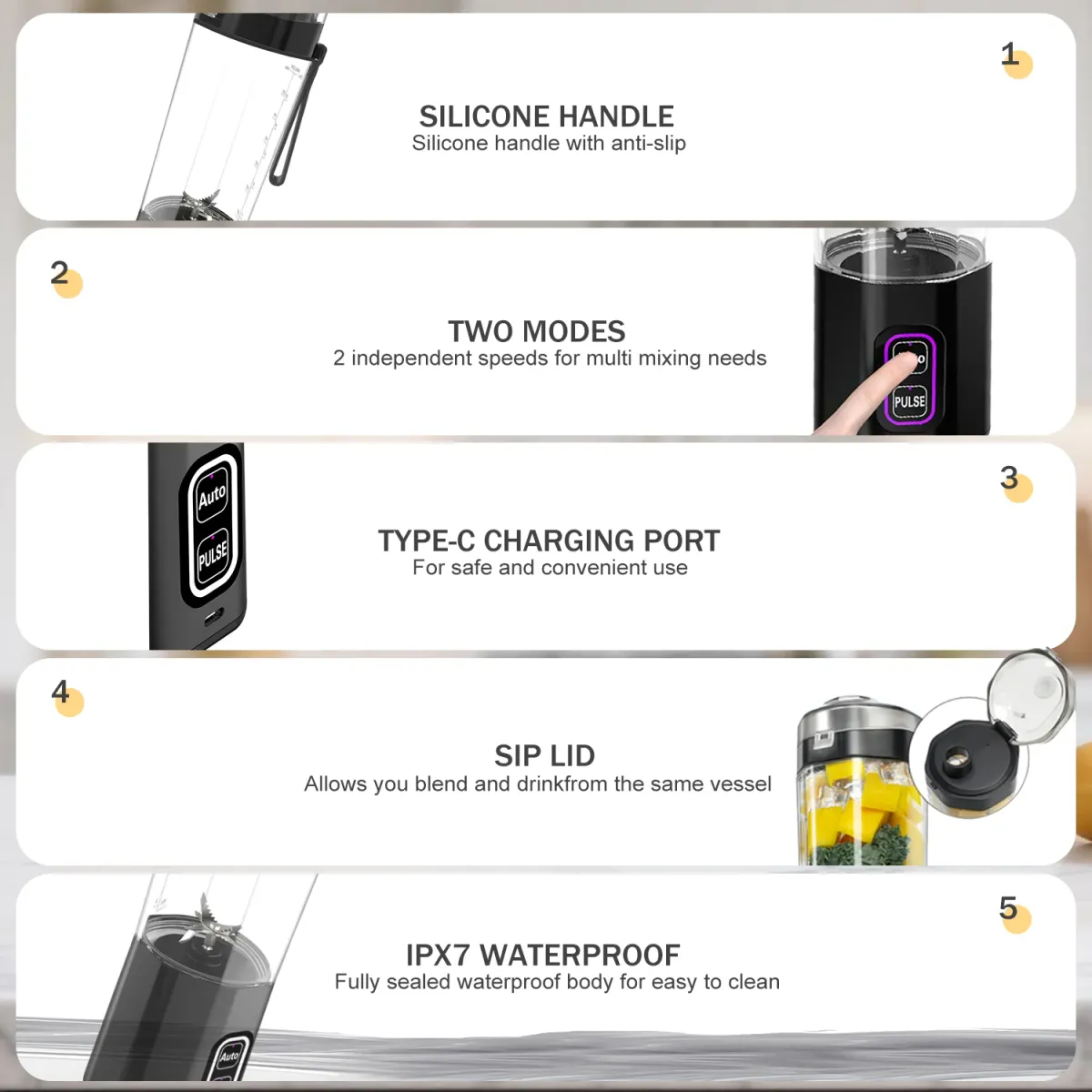 Portable Electric Juice Maker Blender 700ML USB Rechargeable Fruit Mixer with 6 Stainless Steel Blades, Powerful 360W Motor for Smoothies & Shakes, Travel-Friendly with Sip Lid showcase 5