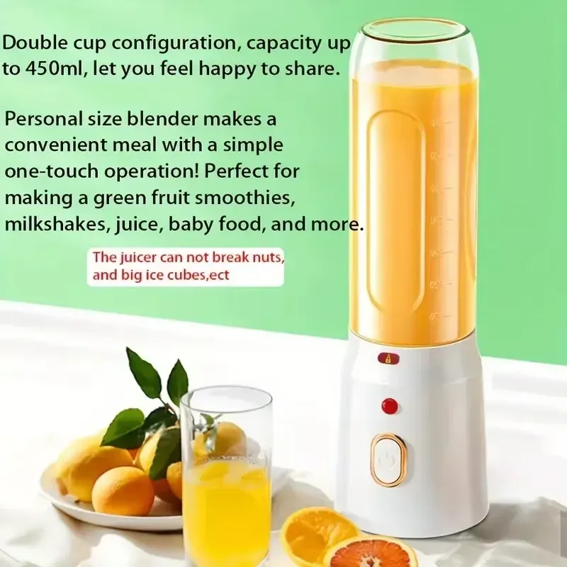 450ML Portable Electric Blender Juicer Cup, USB Rechargeable Cordless Smoothie Maker with 10 Blades, Powerful 40W Motor for Shakes, Baby Food, Crushed Ice - White thumbnail 2