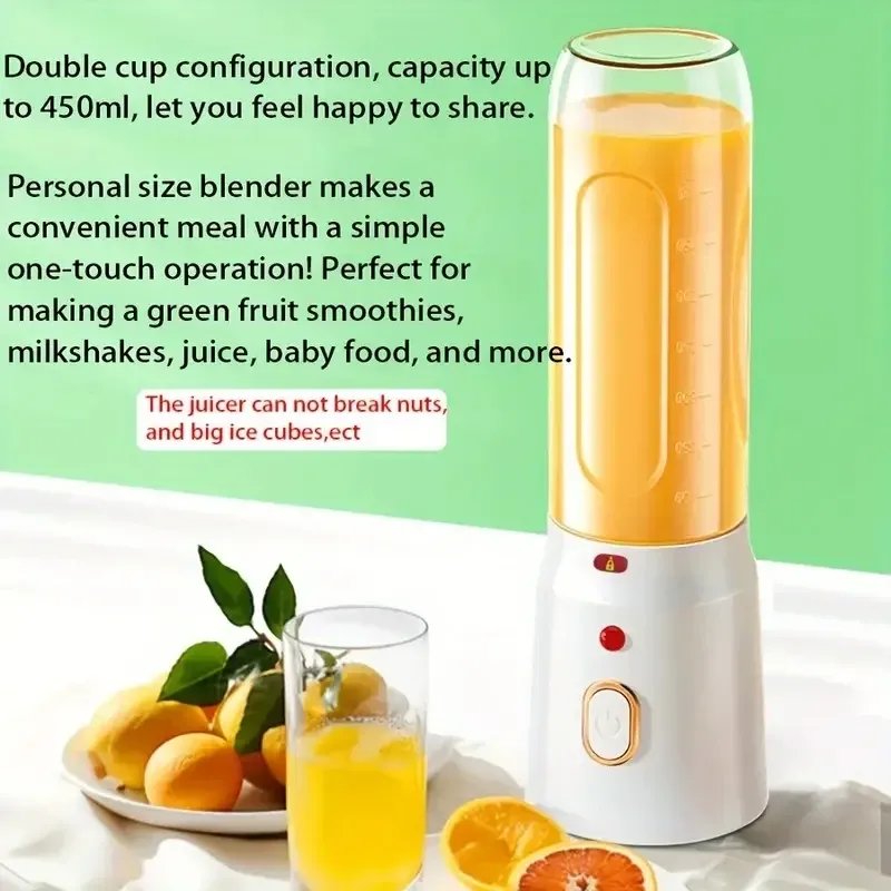 450ML Portable Electric Blender Juicer Cup, USB Rechargeable Cordless Smoothie Maker with 10 Blades, Powerful 40W Motor for Shakes, Baby Food, Crushed Ice - White showcase 3