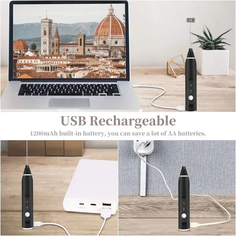 Portable Electric Milk Frother USB Mini Coffee Maker Whisk Mixer for Cappuccino, Cream, Eggs - Handheld Food Blender for Kitchen Use thumbnail 2