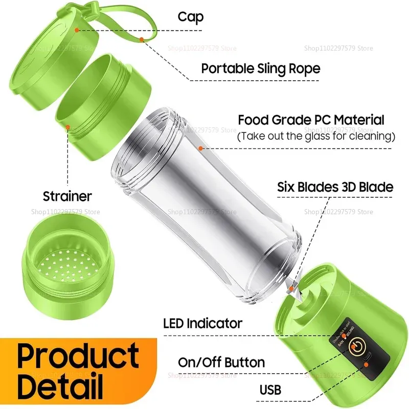 USB Rechargeable Portable Blender Juicer 380ml - Mini Electric Smoothie Maker with 6 Blades, Perfect for Kitchen, Travel, and Healthy Shakes thumbnail 6
