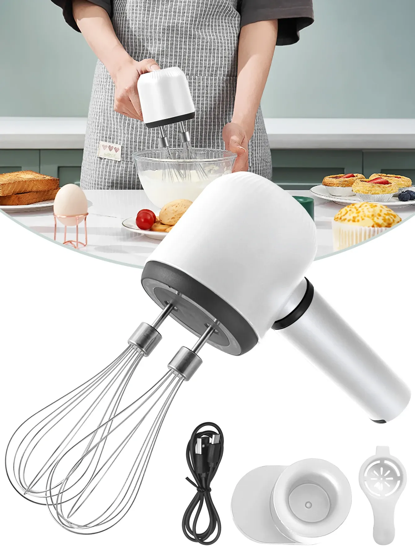 USB Rechargeable Electric Hand Blender - Portable Wireless Whisk with 3 Speeds, 1200mAh Battery, 2 Stainless Steel Whisk Attachments for Baking, Cream, Eggs