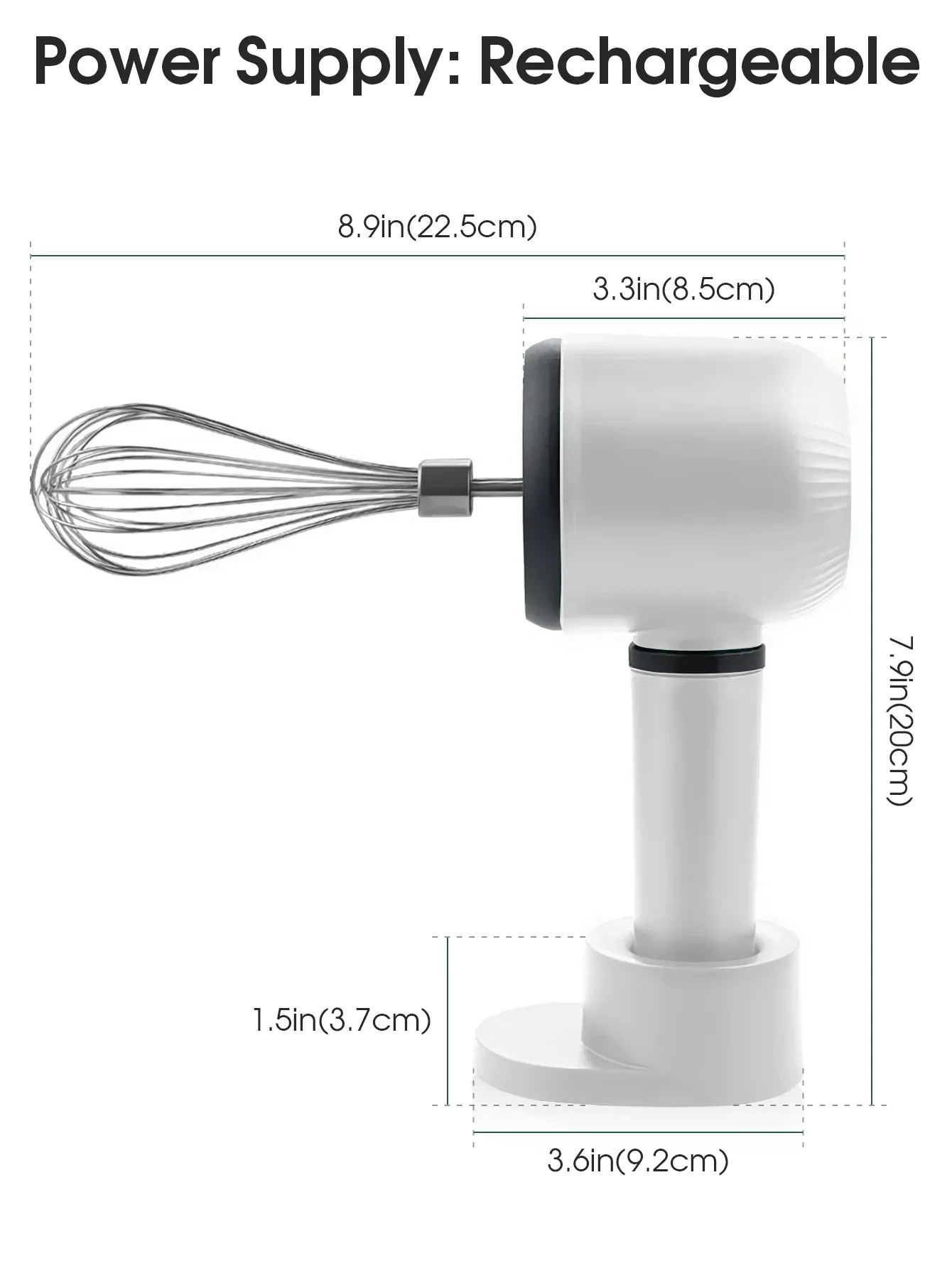 USB Rechargeable Electric Hand Blender - Portable Wireless Whisk with 3 Speeds, 1200mAh Battery, 2 Stainless Steel Whisk Attachments for Baking, Cream, Eggs thumbnail 2